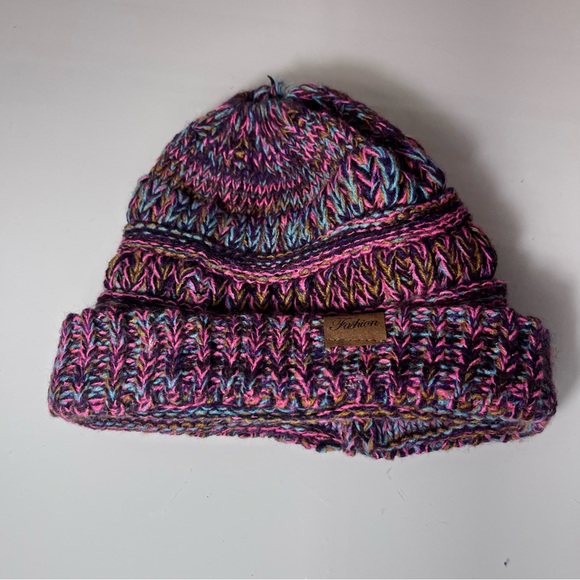 Multi-Color Marled Knit Ponytail Beanie - Purple & Pink Chunky Messy Bun Hat - Picture 5 of 7